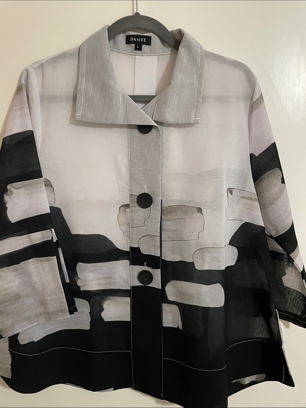 Damee Women's Black & Gray Art-Print Button Jacket Size L
